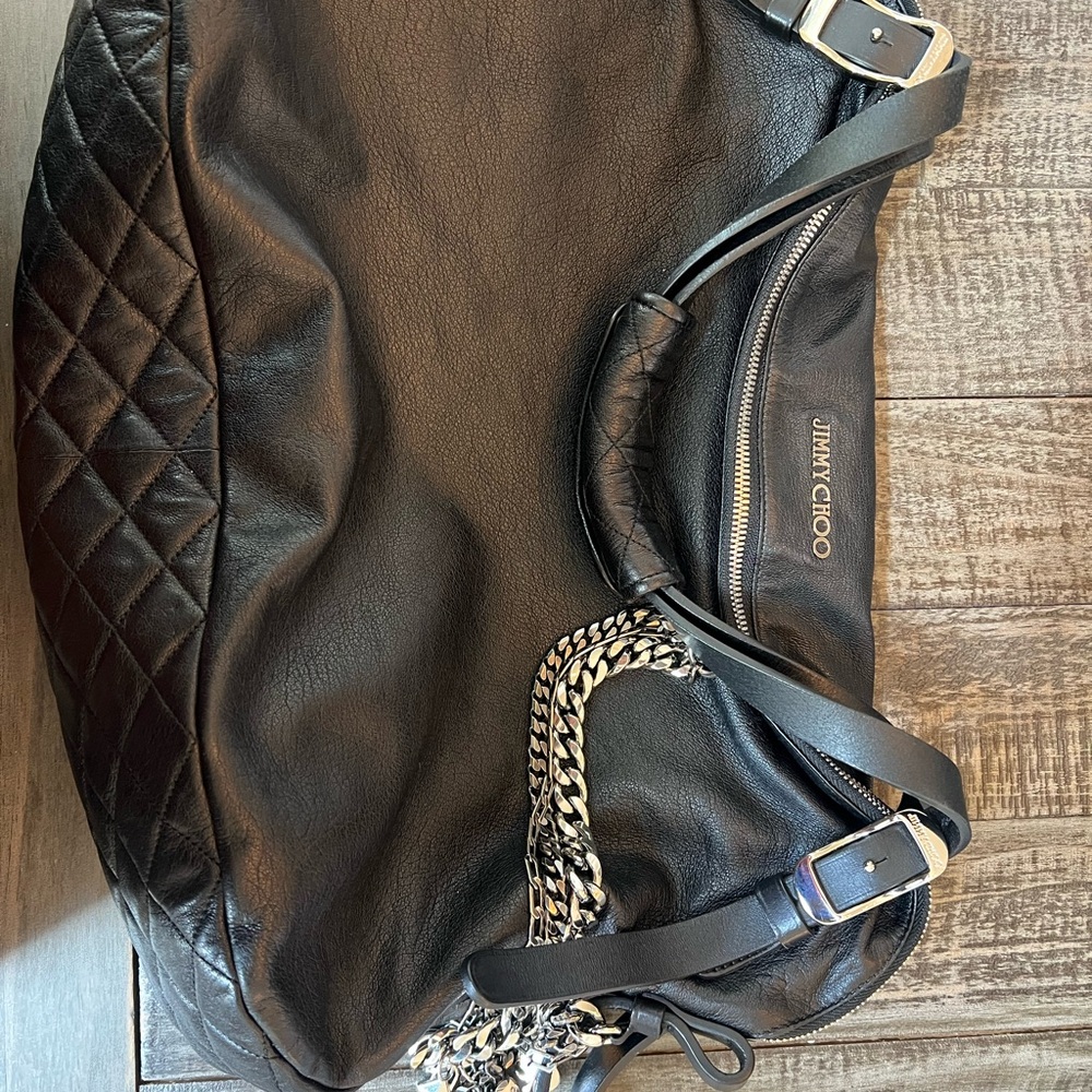 Jimmy Choo Black Quilted Shoulder Bag EUC 11x16x6 silver accent chains charms - Picture 3 of 15
